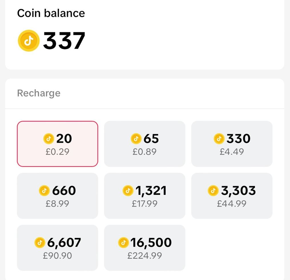 Ecran de l'application TikTok permettant d'acheter des coins Tiktok