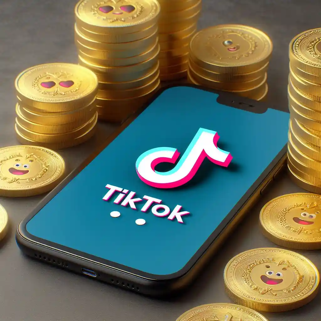 Smartphone avec l'application TikTok posé sur une table avec des TikTok coins autour de lui