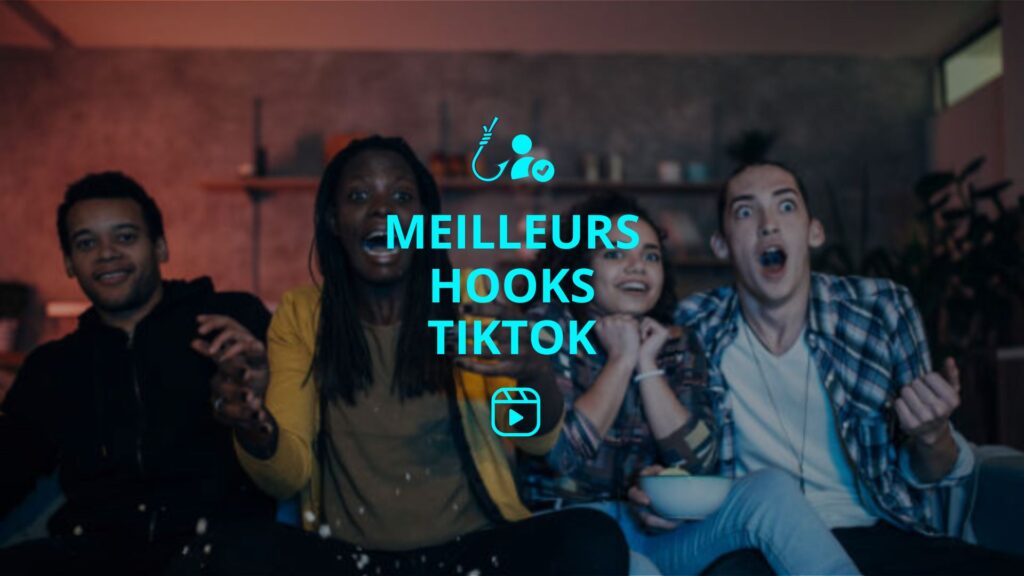 Image d'illustration de l'article "meilleurs hooks TikTok" sur fond d'un groupe d'amis surpris par une vidéo