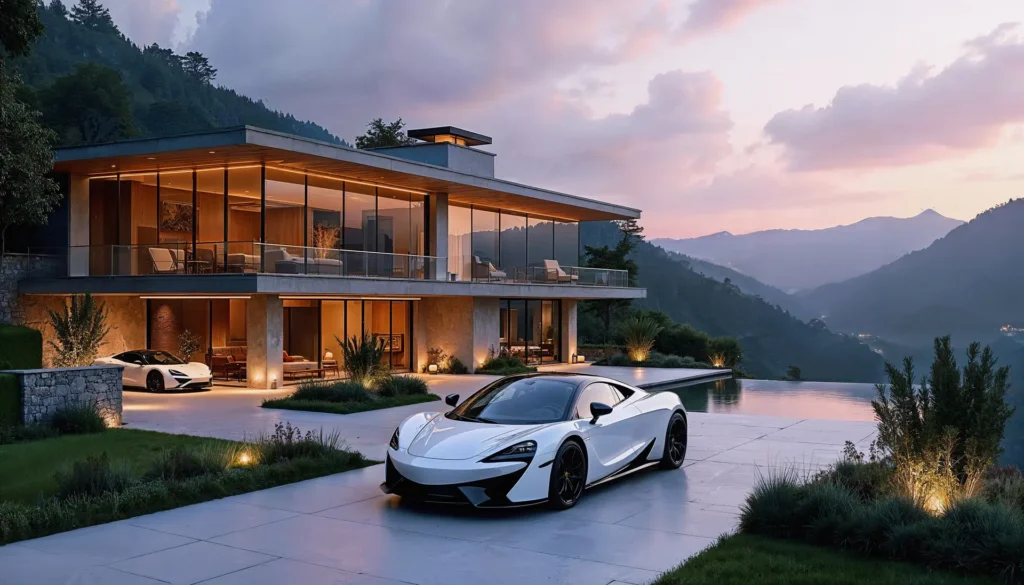 Villa avec une voiture de sport devant