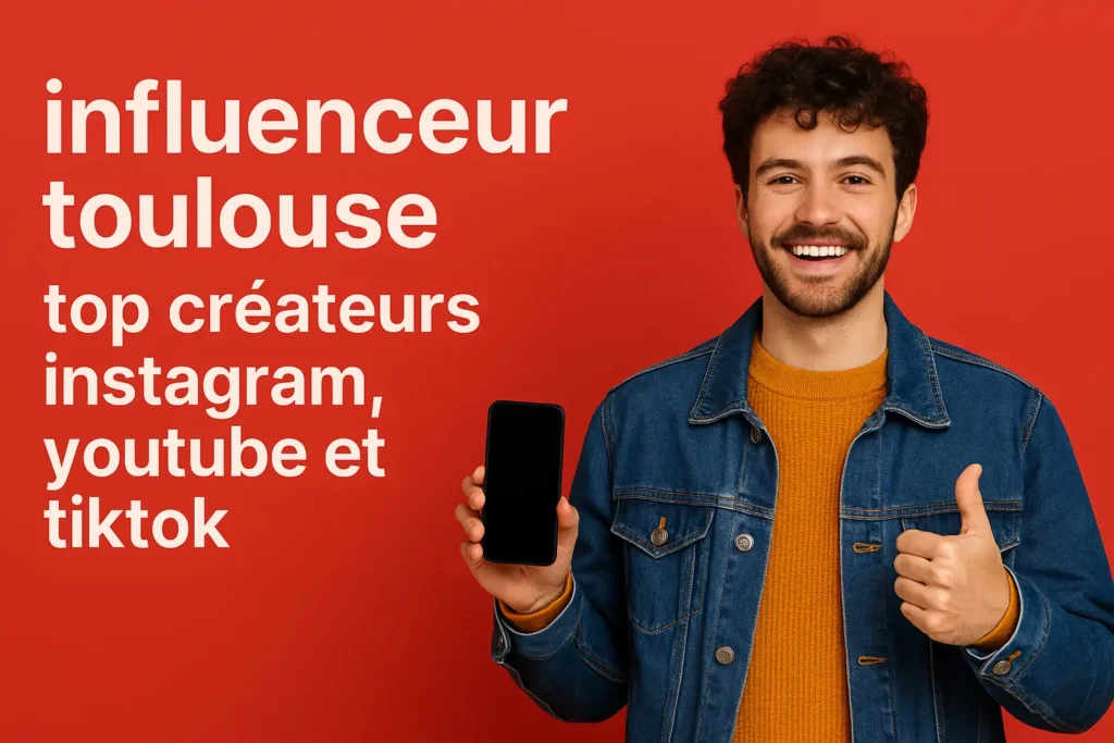 Homme tenant un téléphone depuis Toulouse avec les logos instagram, youtube et tiktok