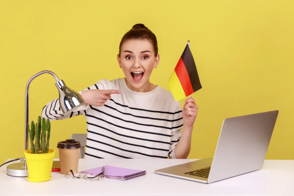 Influenceuse allemande devant son set-up de vidéo prête à filmer