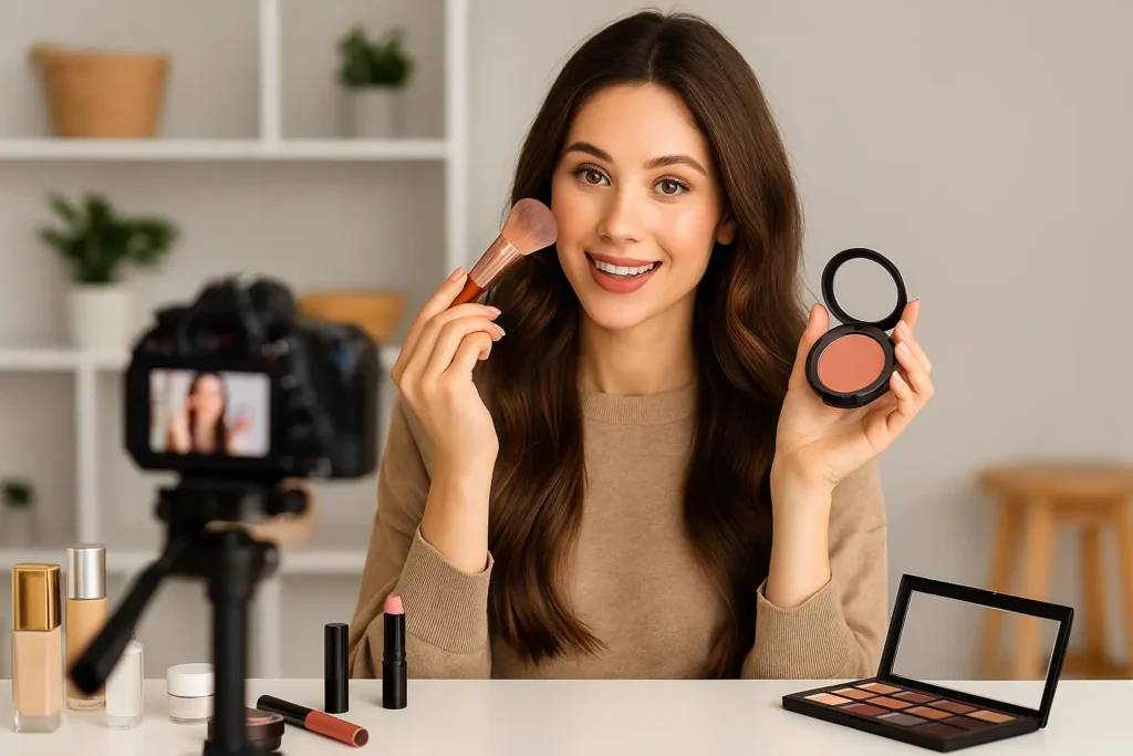 Influenceuse beauté en train de se maquiller devant son setup vidéo