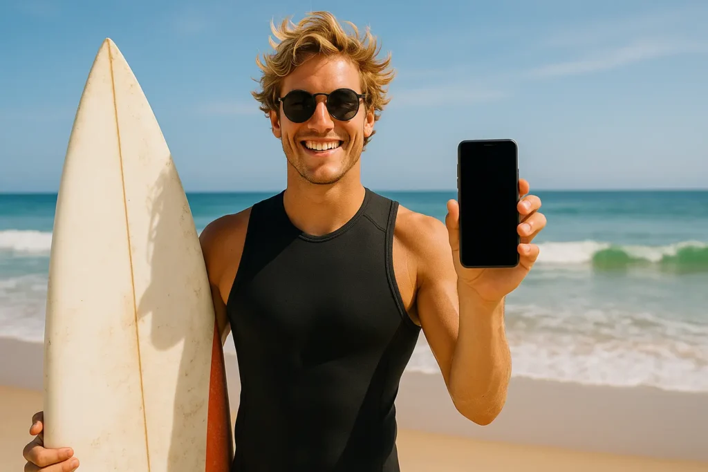 Surfer montrant son téléphone avec lequel il fait de l'influence