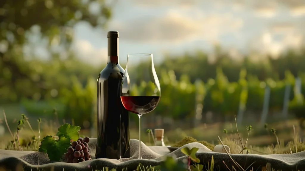 Bouteille et verre de vin devant des vignes